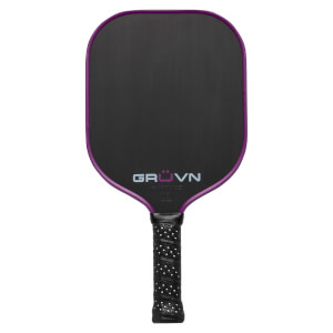Front view of a black pickleball paddle with purple trim, GRUVN branding, and a black grip with white dots.