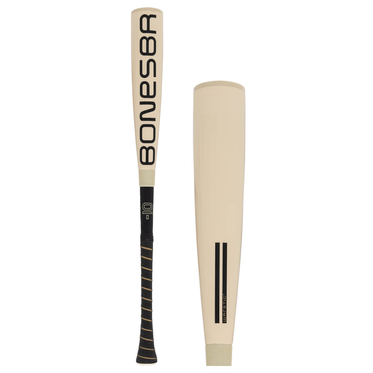 Full view of a cream baseball bat with BONESBR on the barrel, a black and gold striped grip, and a separate barrel showing WARSTIC.