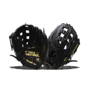 Front view of black baseball gloves with gold FIELD COMMANDER and GLOVESMITH branding.