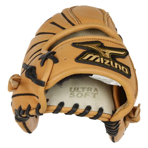 Top-down view of a tan baseball glove with black lacing and MIZUNO logo.