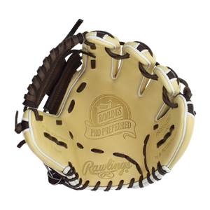 Front view of a tan baseball glove with brown lacing and Rawlings Pro Preferred branding.