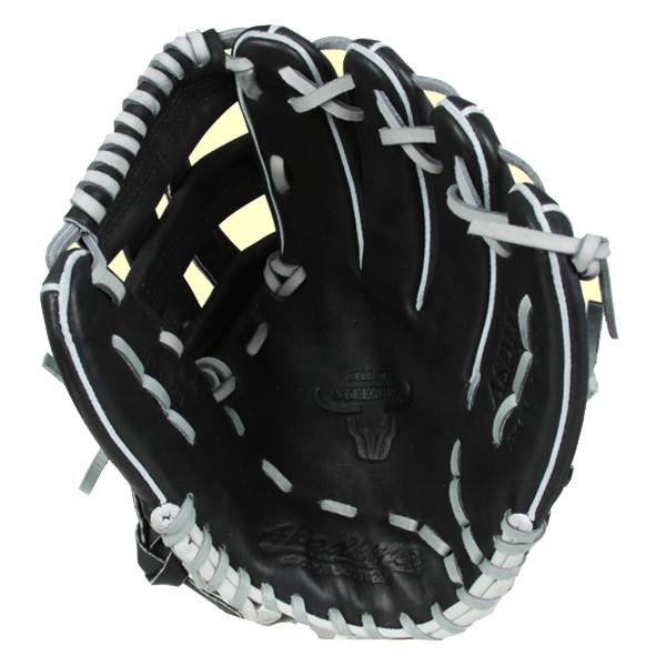 Inside view of a black baseball glove with white lacing and a bull logo.