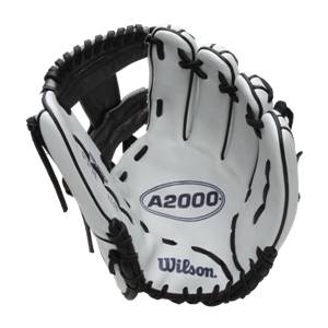 Front view of a white Wilson A2000 fastpitch glove with black lacing and A2000 branding.