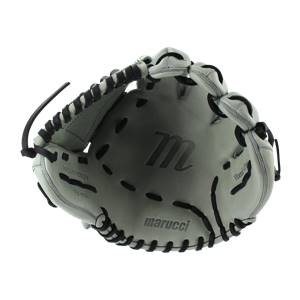 Top-down view of a gray and black Marucci glove with m logo and marucci text.