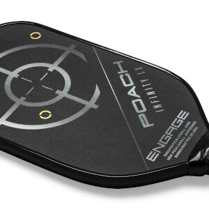 Close-up of a black pickleball paddle with a target design, POACH INFINITY LX, and ENGAGE branding.
