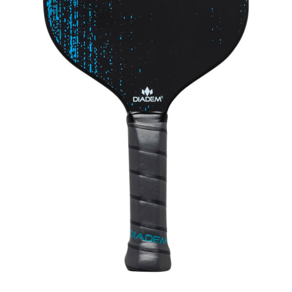 Close-up of a black pickleball paddle with blue speckle design and Diadem branding on the grip.