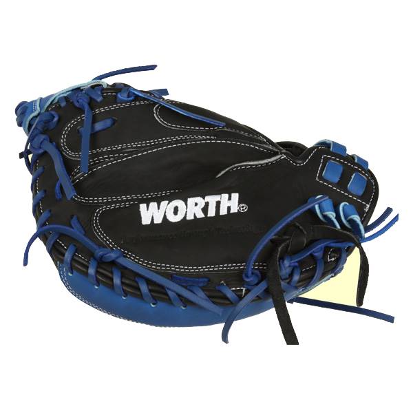Top-down view of a black catchers mitt with blue lacing and white stitching, featuring the WORTH logo.