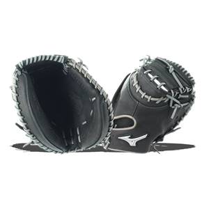 Top-down view of black catchers mitt with white stitching and Mizuno logo.