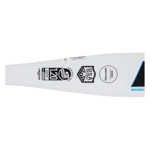 Close-up of the white barrel featuring certification stamps for USSSA 1.20 BPF, USA SOFTBALL, and WBSC CERTIFIED, plus a "SLOW PITCH ONLY" graphic.