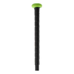 Close-up of a black softball bat grip with a bright green end cap.