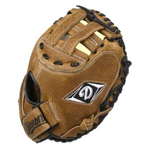 Front view of a brown catchers mitt with a diamond logo and Diamond text.