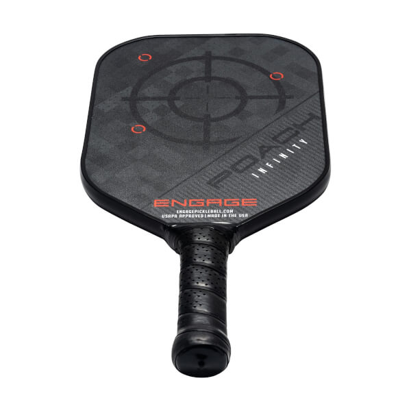 Top-down view of a black pickleball paddle with a target design, POACH INFINITY text, and ENGAGE logo.