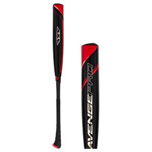 Side view of a black baseball bat with red accents and AXE branding.