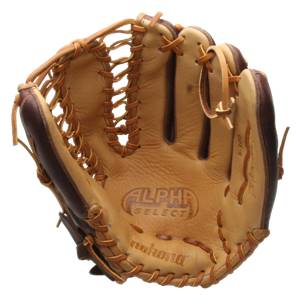 Palm view of a tan and brown baseball glove with ALPHA SELECT and Nokona branding.