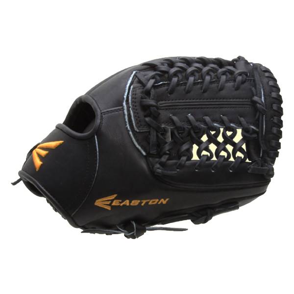 Side view of a black Easton glove with orange Easton logo and intricate lacing.