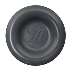 Top-down view of a gray baseball bat end cap with a debossed m logo.