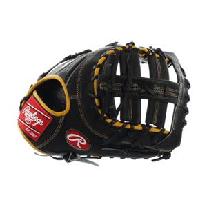 Front view of a black first base mitt with yellow lacing and Rawlings branding.