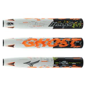 Top view of a white and black fastpitch softball bat with orange GHOST text and Mizuno logo.