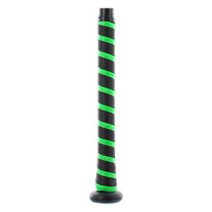Close-up of a black baseball bat grip with diagonal neon green stripes and visible Mizuno branding.