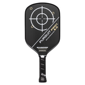 Front view of a black pickleball paddle with a white target graphic, PURSUIT PRO1 6.0 text, and Engage-branded grip.