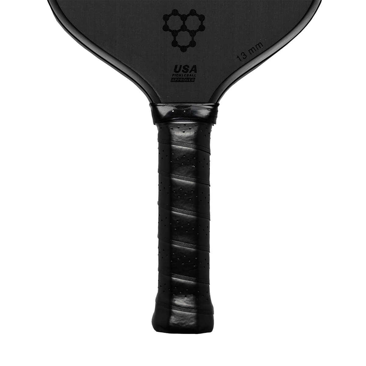 Top-down view of a black pickleball paddle with a honeycomb logo and USA PICKLEBALL APPROVED text.