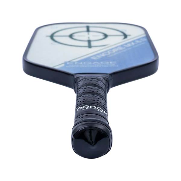 Top-down view of a black pickleball paddle with a target design and blue ENGAGE ENCORE MX 6.0 text.