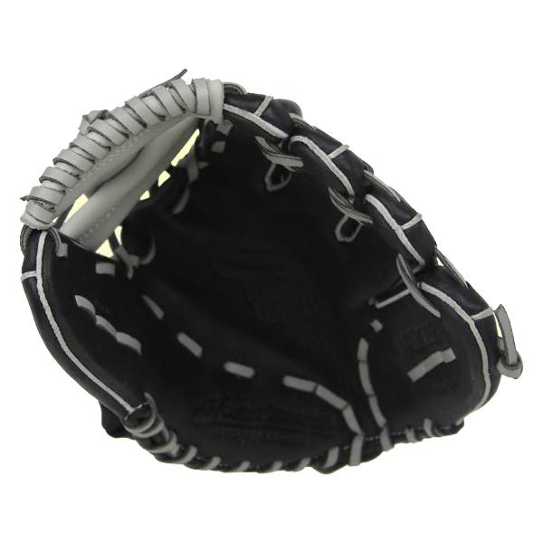 Top-down view of a black baseball glove with white stitching and a padded wrist strap.
