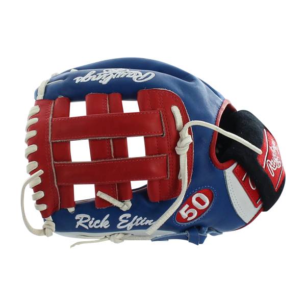 Side view of a blue and red baseball glove with Rick Eftin and 50 visible.