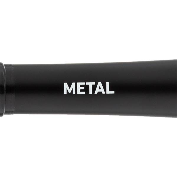 Close-up of a black baseball bat with METAL printed in white.