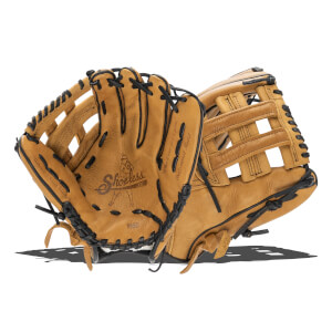 Angled front view of a tan baseball glove with black lacing, a Shoeless Joe logo, and 1150 printed in the palm.