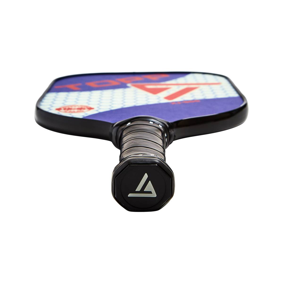 Bottom view of a purple pickleball paddle with a black grip and a white triangular logo.