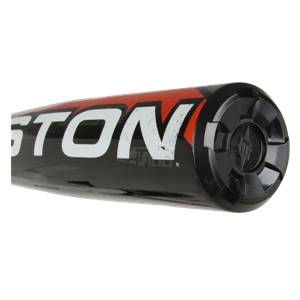 End view of a black Easton baseball bat with a black cap and white lettering.