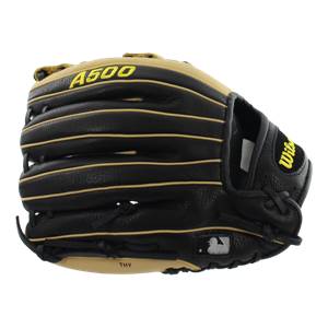 Side view of a black baseball glove with gold A500 branding and Wilson logo.