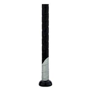 Close-up of a black and silver baseball bat grip with a black end cap.
