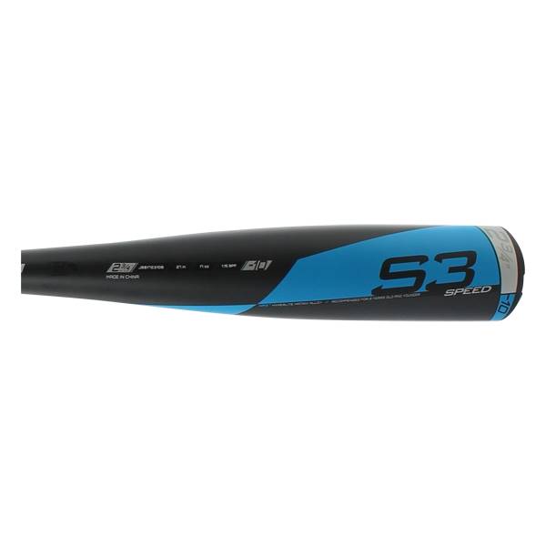 Side view of a black and blue baseball bat with S3 SPEED and 2 3/4 markings.