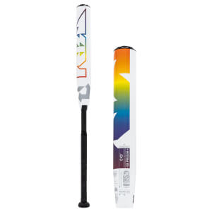 Side view of a white fastpitch softball bat with rainbow DeMarini logo and PRISM+ text.