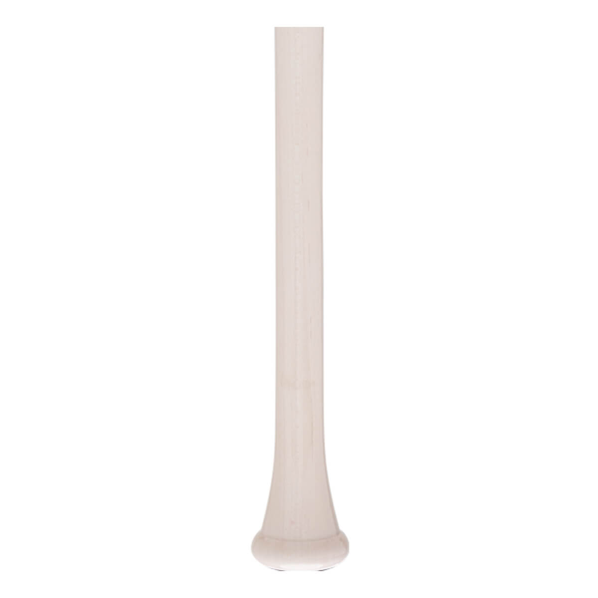 Side view of a white baseball bat with a flared knob and smooth barrel.
