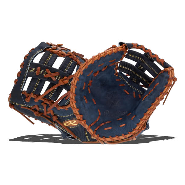 Top-down view of a navy baseball glove with tan lacing and a Rawlings logo.