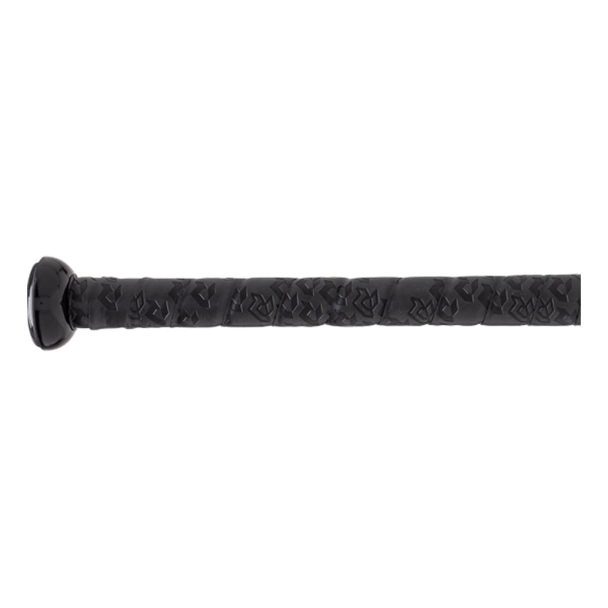 Close-up of black bat handle with an embossed repeating pattern and the visible knob.
