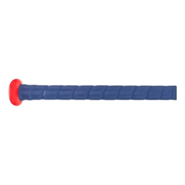 Close-up of a blue baseball bat grip with a red knob and spiral wrap texture.