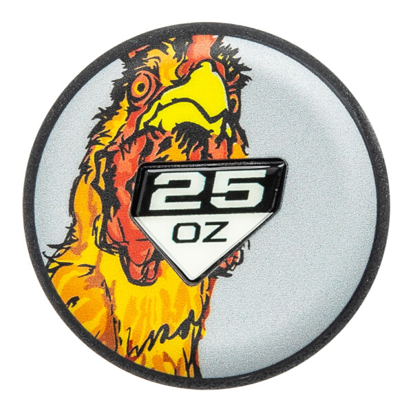 Top-down view of a silver softball bat end cap with a colorful rooster graphic and a 25 OZ weight indicator.