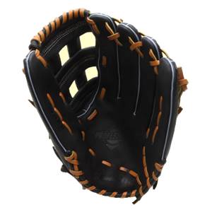 Front view of a black baseball glove with tan lacing and PROFESS embossed on the palm.