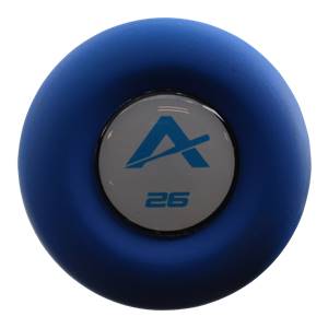 End view of a blue softball bat with a white circular logo featuring a blue A and the number 26.