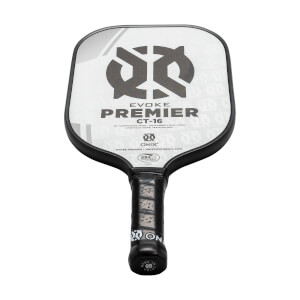 Front view of a white pickleball paddle with black trim, EVOKE PREMIER CT-16 text, and a large circular logo.