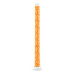 Side view of an orange fastpitch softball bat with a white end cap and textured grip.