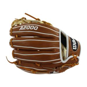 Side view of a brown baseball glove with A2000 branding and white lacing.