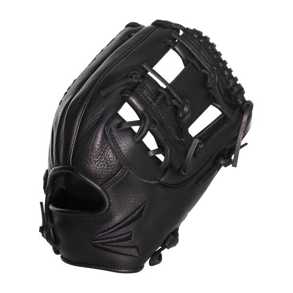 Side view of a black baseball glove with a webbed pocket and embossed Easton logo.