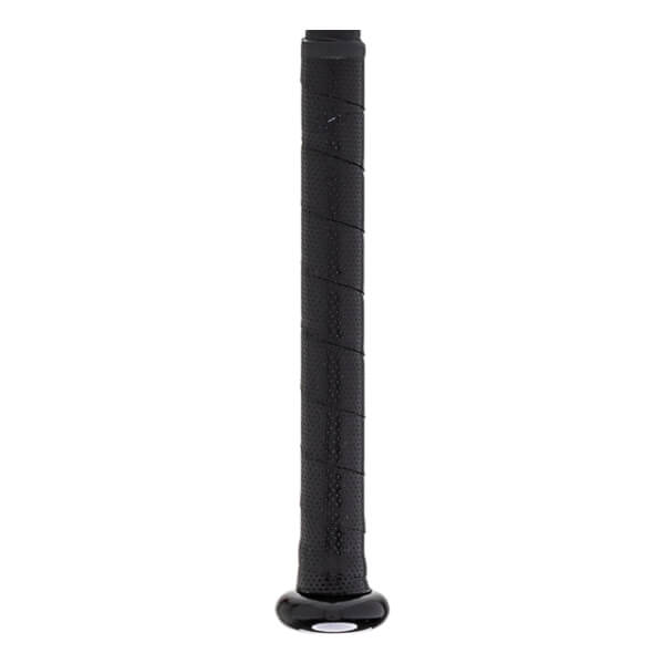 Close-up of a black baseball bat grip with a textured, perforated surface and a shiny black end cap.