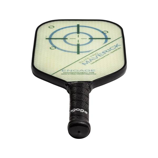 Top-down view of a cream pickleball paddle with a target design, Maverick text, and black grip.