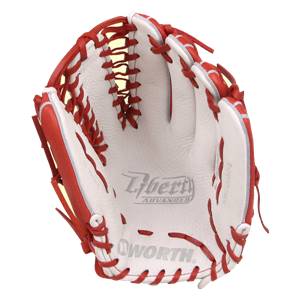 Inside view of a scarlet red baseball glove with white palm and red lacing.